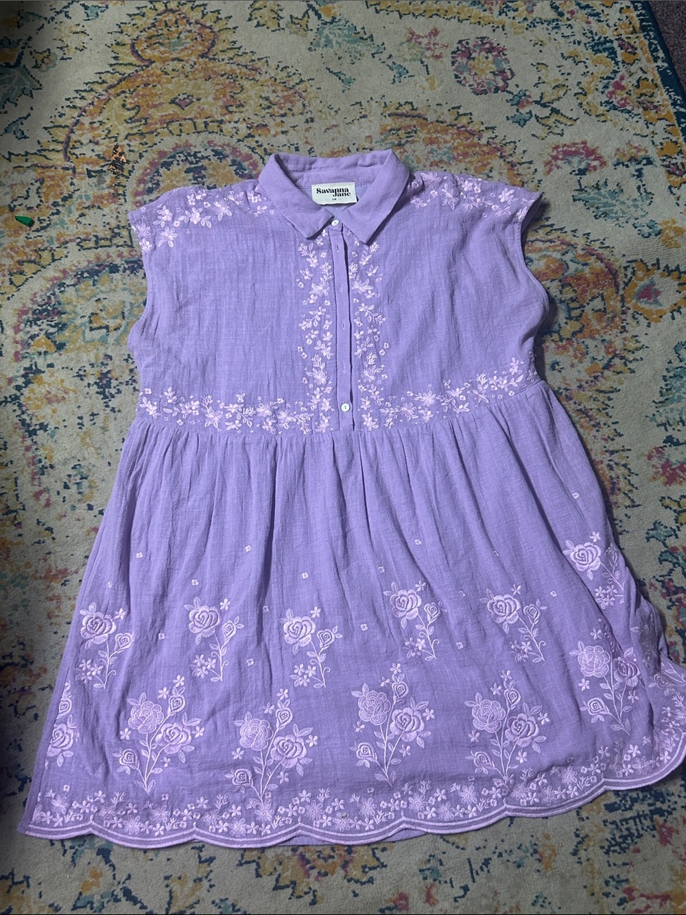 Savanna Jane 1X Lavender Embroidered Floral Dress Cotton